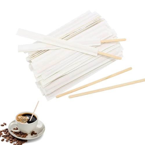 Agitadores de Café de Madera,200 Piezas Paletinas de Café Envueltos Individualmente,Palitos de Madera de Abedul,Biodegradables para Bebidas Calientes,Cócteles y Manualidades (14 cm)
