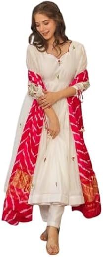 BE IN TEXO FAB Chanderi Embroidered Kurti Set with Bottom and Dupatta, White, Size S-XXL, 45 Inch Length