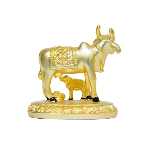 Image of Gold Matte Kamdhenu Cow with Calf Idol | Small Size Gold-Plated Holy Cow & Calf Statue | Divine Symbol of Wealth & Abundance | Festival & Housewarming Gift | Size 8.5cm x 5cm x 5.5cm