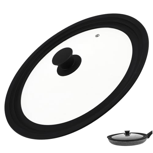 TEHAUX Tapa de Vidrio Templado para Ollas y Sartenes Borde de Silicona Antidesbordamiento Diseño Redondo Compatible con Diámetros Resistente al Calor Fácil de Limpiar Negra