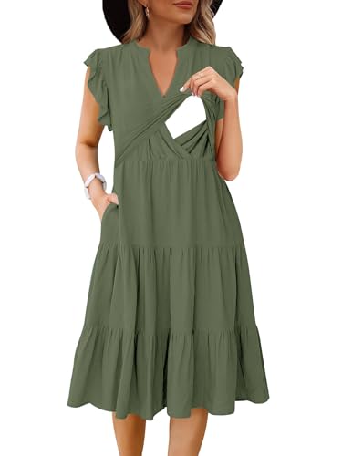 Womens Nursing Midi Dress Breastfeeding Summer Ruffle Sleeveless V Neck Tiered Beach Sundress with Pockets