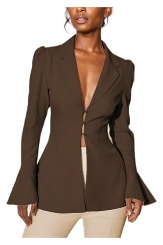 LETSVDO Women's Elegant Blazers Lapel Neck Ruffle Long Sleeve Business Blouse Deep V Neck Bell Sleeve Office Suit Jackets