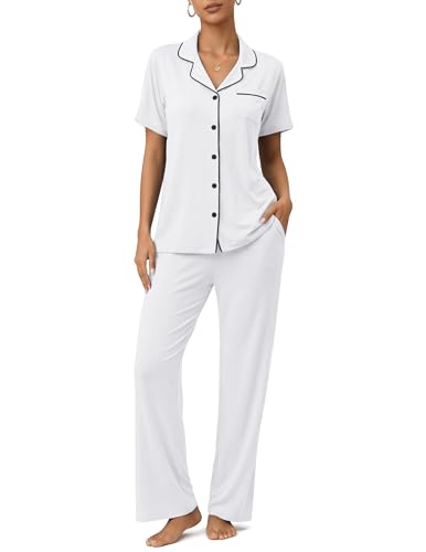Image of ZMJ Womens Pajamas Sets 2 Piece Button Up Pj Sets Short Sleeve with Long Pant
