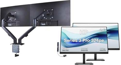 Image of HP Series 3 Pro 324pe 24 inch FHD IPS Monitor with 5ms Response Time, Anti Glare, Flicker Free, VESA Mount (100mm), VGA, Displayport, HDMI, Black (B1GM5AA#ABA) 2 Pack w /DKZ Hub & ErgoFlexy Dual Mount Arms