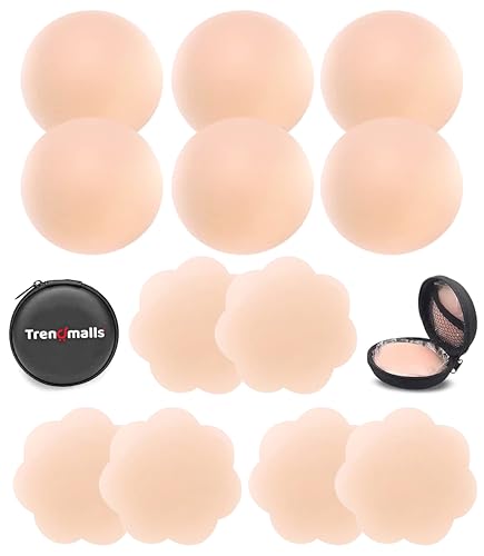 TRENDMALLS Cubierta para pezones – Pasties adhesivos de silicona para pezones – Cubiertas reutilizables para pezones para mujeres con caja de viaje, Beige-6 pares (Nc1+2), talla única