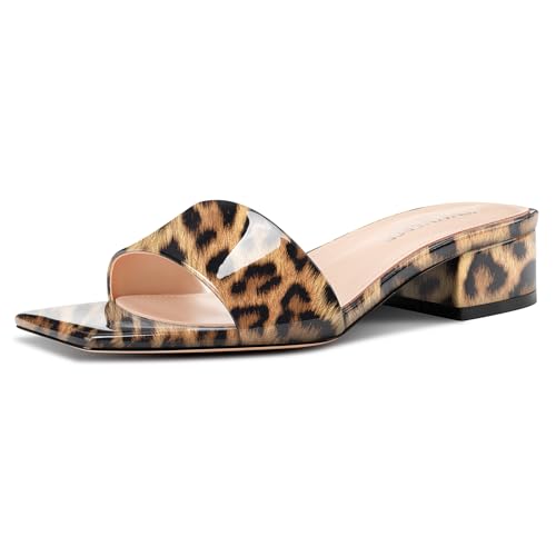 Image of TNYNFBEB Womens Chunky Block Low Heel Open Square Toe Sandals Mules Shoes Slip-on Prom Party Dress Patent Leather 1.4 Inches Heels