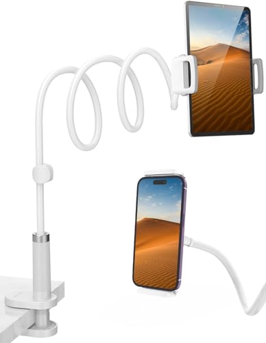 Sounce 360 Adjustable Mobile Phone Holder, Universal Phone Holder Clip Lazy Bracket Flexible Gooseneck Clamp Long Arms Mount for Mobile Tabletop Stand for Bedroom, Office, Home - White