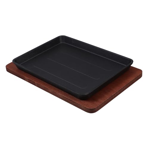 Gatuida Padella Per Bistecche in Ghisa Quadrata Con Base in Legno 23,2x17,5 Cm Piastra Resistente Per Grigliate e Cottura Di Fajitas e Pesce Al Forno Per Uso Domestico e Riunioni Familiari