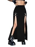 Nightycatty Women's Causal Gothic Maxi Skirt with Double Side Slits & Buckle Details for Party, Black, Medium