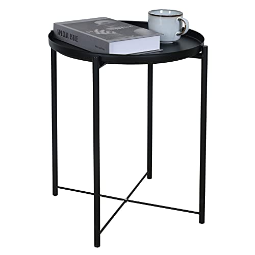 Rainbow Sophia End Table, Metal Side Table With Removable Round Tray, Accent Table For Living Room, Black #TOP2