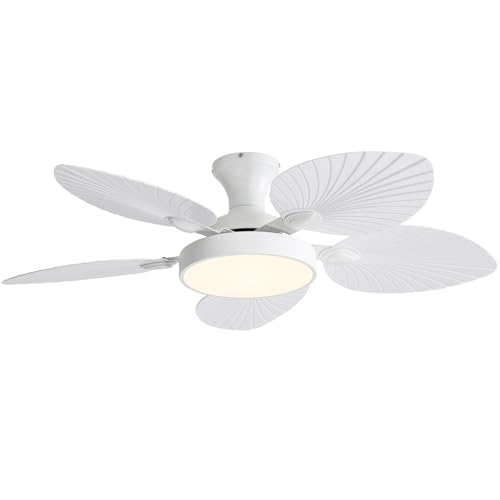 Tropical Ceiling Fans with Lights and Remote,46 Inch Palm Leaf Ceiling Fan for Patios Porch Bedroom, Dimmable, 6 Speeds, Reversible, White