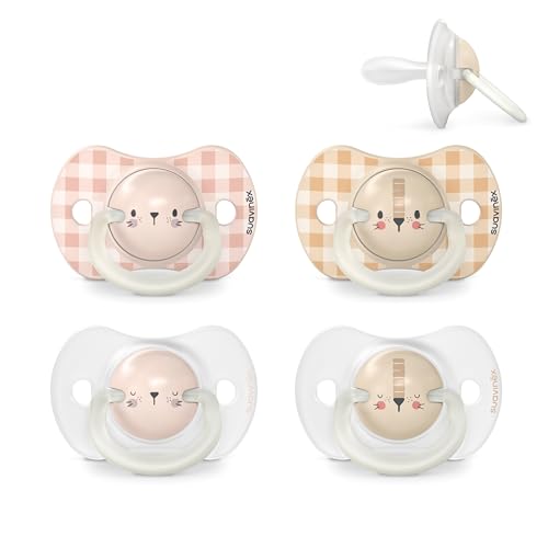 Suavinex, Pack de 4 Chupetes que Brillan en la Oscuridad, Chupetes Fluorescentes para Dormir, para Bebés 6/18 Meses, con Tetina Fisiológica SX Pro de Silicona, Plana y Flexible, Rosa y Beige