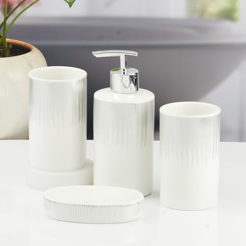 Image of SaSaSa Ceramic Bathroom Accessories Set of 4 Modern Bath Set with Soap Dispenser & Toothbrush Holder, Luxury Home & Gift Idea (11394)