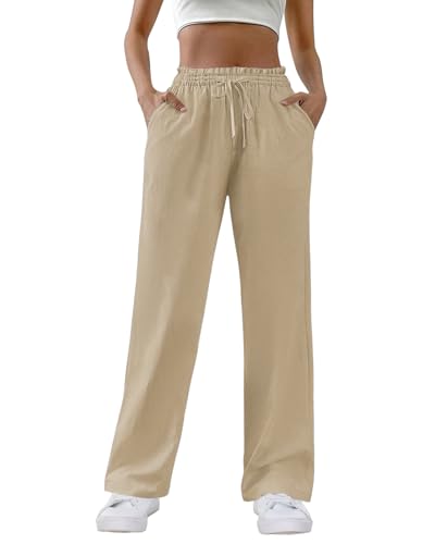 HMIYA Weite Hosen Damen 100% Baumwolle Lässig Gerade Stoffhose Leichte Hohe Taille Palazzo Hose mit Taschen,Khaki,M