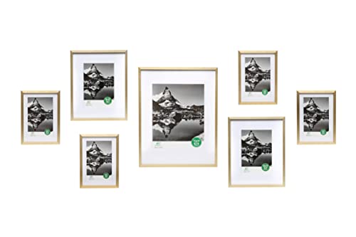 Frameworks 7-Piece Deluxe Brass Gold Aluminum Contemporary Picture Frames With Tempered Glass – Includes Four 5”X7”, Two 8”X10”, And One 11”X14” #TOP2