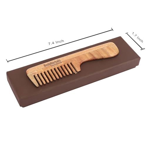 Image of BodyHerbals Dressing Comb, Handle Rake comb, 100% Neem Wood, Hand Made with Design in Gift box (Cream)