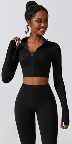 3 Piece Women Workout Set Sports Bra Crop Top Jacket with Thumb Holes Tummy Control High Waist Leggings3