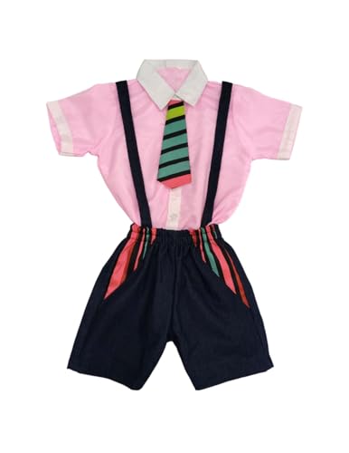 Image of BookMyCostume Boy Dangri Style Costume Set | Pink Shirt with Denim Dangri Style Shorts & Colorful Tie | Fancy Dress Costume for Role Play | Boys | 8-10 Years