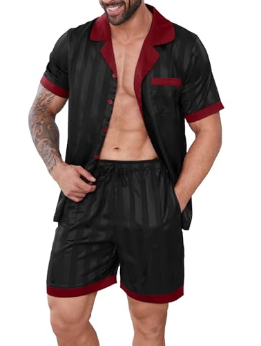 Image of DEARCASE Men's Satin Silk Pajamas Set Classic Button Down Sleepwear 2 Piece | Soft and comfortable silk fabric, lightweight, spliced color sexy lounge wear, short sleeve sleepwear shorts with Pockets
