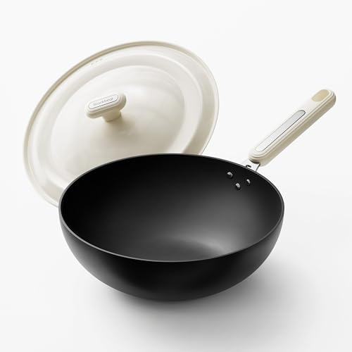 Stackbear PureSteel Pro - Sartén wok de acero al carbono de 11.8 pulgadas, woks chinos de fondo plano presazonados y sartenes con tapa, utensilios de cocina ligeros para todas las estufas, gas