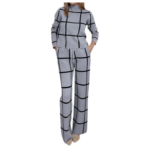 Vhersily Conjunto de Top y Pantalones para Mujer de Manga Larga Pantalones Anchos de 2 Piezas Traje de Señora Cuello Semi-alto Estampado a Cuadros Blusa Suelta Vestido de Ceremonia Elegante con