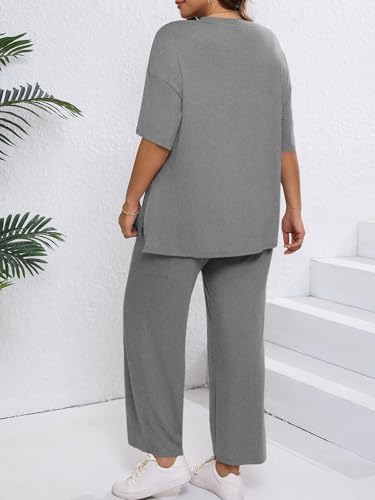 Beautife Womens Plus Size Lounge Sets Short Sleeve Tops Wide Leg Pants 2 Piece Outfits Tracksuit with Pockets4