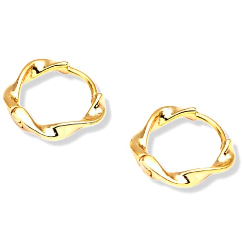 Aros dorados de plata de ley 925 bañados en oro 18k de diseño ondulado y moderno | Se trata de unos pendientes dorados, pequeños, resistentes y elegantes perfectos para uso diario o fiesta (par) Cover