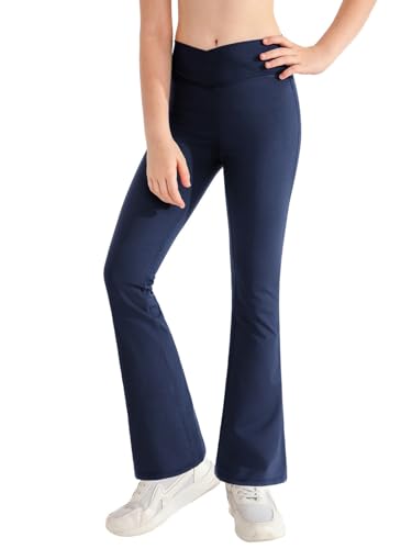 Girls Flare Leggings Crossover High Waisted Bootcut Athletic Workout Dance Yoga Pants Preppy Bell Bottoms,No Pockets