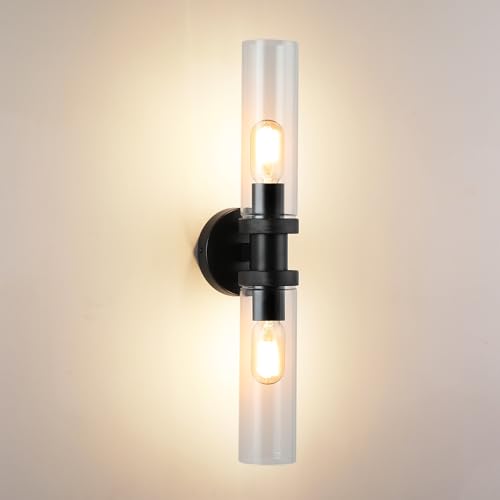 2 Light Vanity Light Side Mirror Farmhouse Bathroom Fixtures Black, E26 Wall Lamps for Bedroom, Industrial Lighting, Modern Lights With Glass Shade Black Black