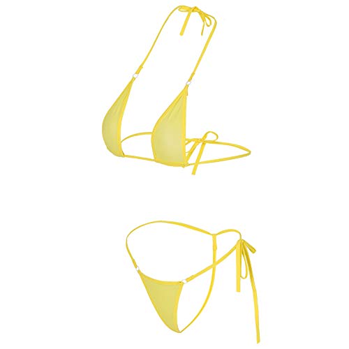 Women's Brazilian Bikini Triangle Thongs Swimwear Bathing Suits Sexy Sheer Halterneck Lingerie Micro Bra G-String Tie Sides Teeny Mini Set Swimsuit Nightwear Sleepwear Hot Swimwear Yellow