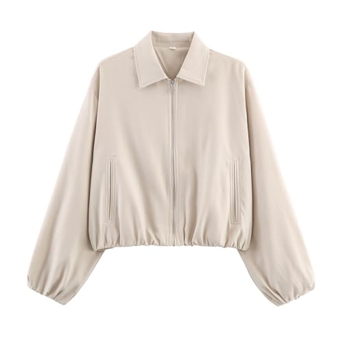 Xunger Women’s Cropped Bomber Jacket Puffed Sleeves Zip Up Trendy