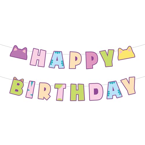 SAVITA Cat Dollhouse Birthday Banner, Cute Cartoon Cat Happy Birt...