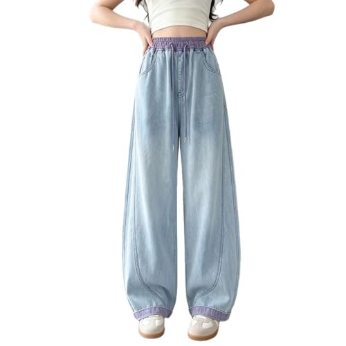 Jeans pour fille taille haute et coupe ample en denim bleu brodé