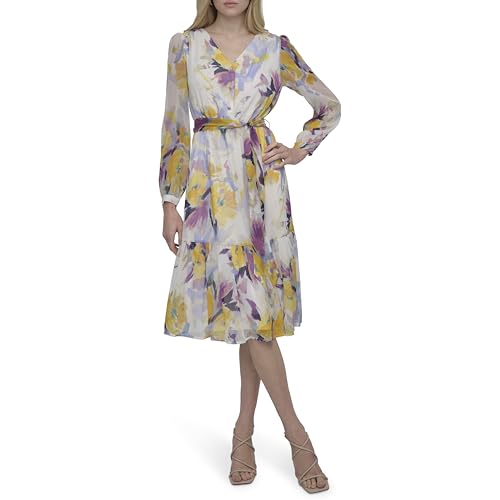 Image of DKNY Women's Long Sleeve V-Neck Tie Waist Midi Dress