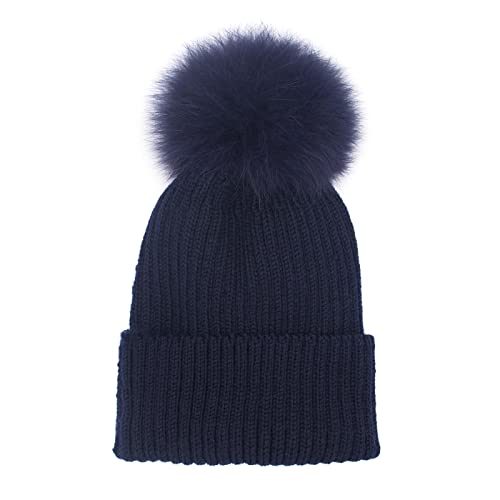 Fox Pom Knit Hat - Removable Pom Fur Ski Style Hat - Warm Winter Fashion (Navy)