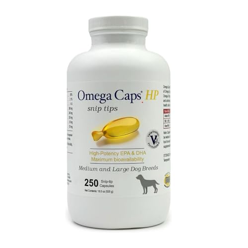 Omega Caps HP Snip Tips for Medium and Large Dogs High Potency EPA and DHA Maximum Bioavailability Fish Oil Supplement Vet Formulated Made in USA Skin Coat Joint and Heart Health 250 Capsules