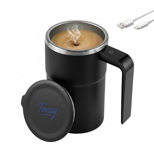 TENZY Self Stirring Mug, USB-C Rechargeable Coffee Cup with Magnetic Stirrer, LCD Touch Control, IP67 Waterproof, 12.8 oz for Coffee, Milk, Cocoa, Black
