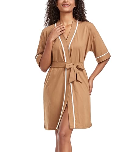 Image of ANLIQI Womens 100% Cotton Robes Lightweight Summer Short Sleeve Lady Bathrobe Knee Length Kimono Robe Sleepwear with Pockets