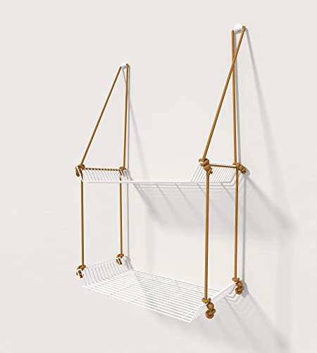 Image of Meshable Weebill 2-Tier Wall Hanging Metal Wall Shelf with Jute Rope, Home Decor Wall Shelves and Storage Racks with Elegant Design Ideal for for Balcony and Terrace, Standard Size - White