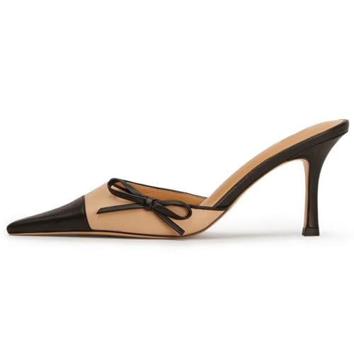 DOEYG Bow Pointed Toe Kitten Heels for Women Closed Toe Heeled Mules Sandals Vintage Stiletto Heels Pumps