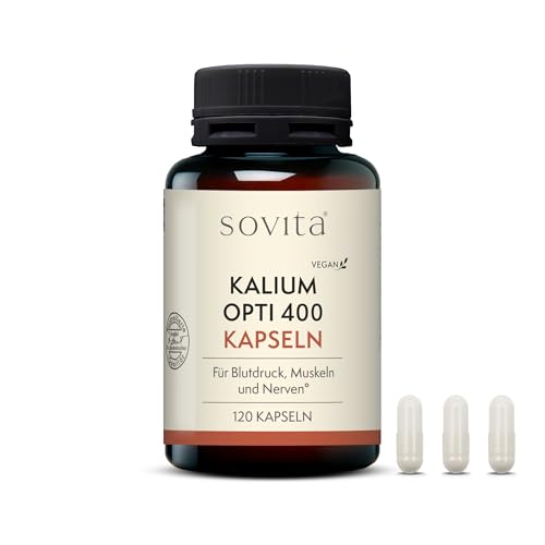 sovita Kalium Opti 400 Kapseln | Hochdosiert 400 mg | Unterstützt Nerven, Muskeln & Blutdruck | Elektrolythaushalt & Muskelkontraktion | Vegan & ohne Zusatzstoffe | 120 Kapseln