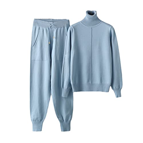 Pull tricoté femme col roulé bleu ciel ample vêtement chaud automne hiver taille unique