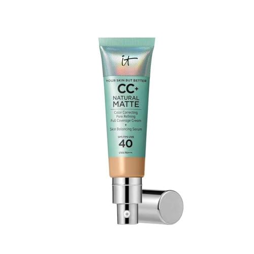 IT Cosmetics, Base de Maquillaje Matificante y Control de Brillo 16h, Minimiza Poros, Hidrata 24h, Your Skin But Better CC+ Natural Matte SPF 40, Tono Medium Tan, 32 ml