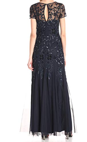 Image of Adrianna Papell Women's Beaded Gown with Godets - Floor Length Gown with Floral Embellishments & Cap Sleeves