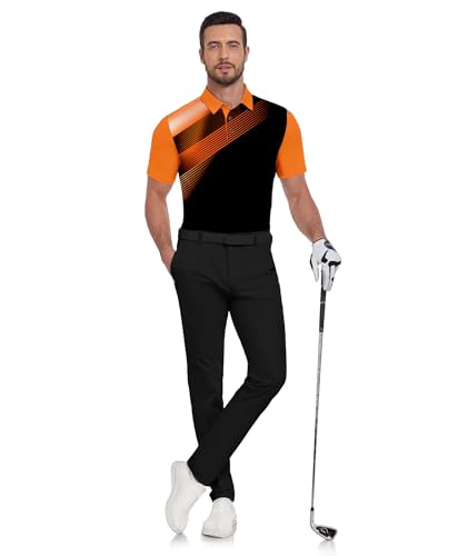 Mens Polo Shirts Short Sleeve Printed Quick‑Dry Golf Tops Black and Orange - image 2