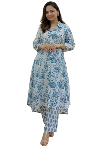 Image of Leriya Fashion Women's Cotton Printed A-Line Kurti Pant Set | Abstract Leaf & Floral Kurta with Trouser Pant | Casual Ethnic Co-ord Set for Women Stylish | Elegant Anarkali Style Tunic Kurta Set
