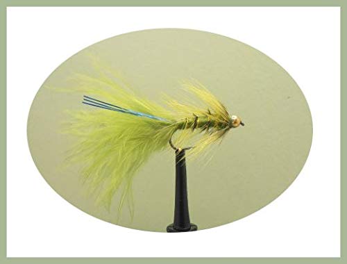 Barbless Blue Flash Damsels, 6 pack, Goldhead Olive Blue Flash Size 10, Fishing Flies