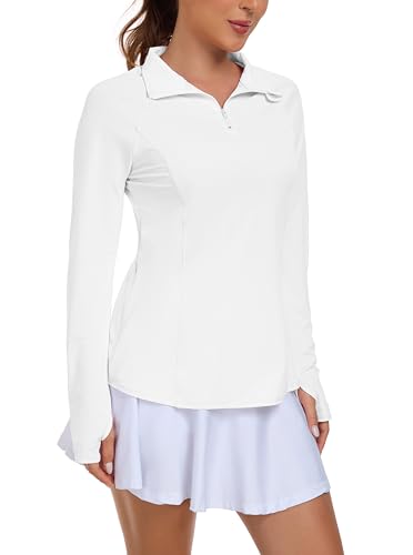 IWOLLENCE Laufshirt Damen Langarm Lockerer Fit Sportjacke Funktionsshirt Sportshirt UV Schutzshirt UPF 50+ UV 1/4 Reißverschluss mit Daumenlöchern und versteckter Tasche rechts (Weiß M)