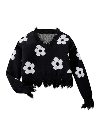 Girls Floral Print Pullover Sweaters V Neck Long Sleeve Cute Crop Tops