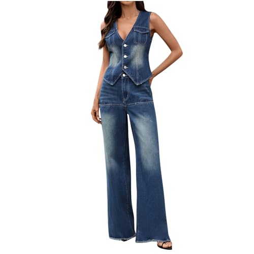 Ensemble femme chic et elegant tailleur gilet boutonne et pantalon jean